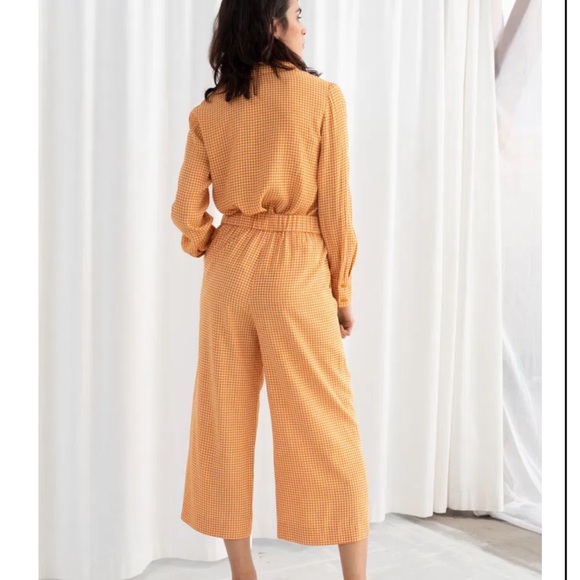 & Other Stories wide legged high waisted silky pants orange houndstooth US 6 - Picture 4 of 8
